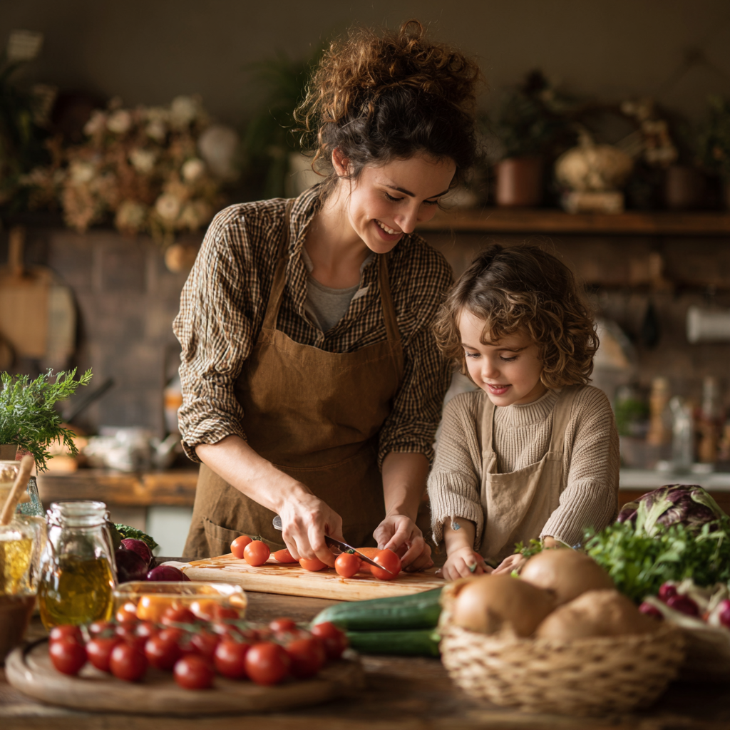 Жінка з дитиною готують корисну їжу